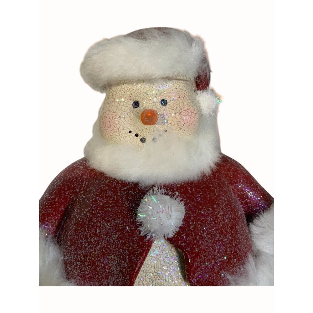 Vintage Christmas Glitter Snowman Figurine Candy Cane Staff Red Cape Faux Fur
